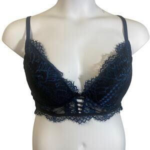 La Senza Beyond Sexy Deep Plunge Black Blue Lace Padded Bralette Sz 38D
